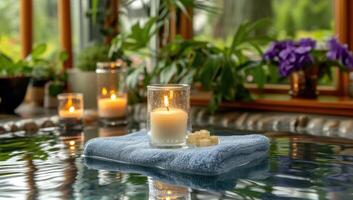 AI generated Burning candles in glass with towel on table in spa salon, photo