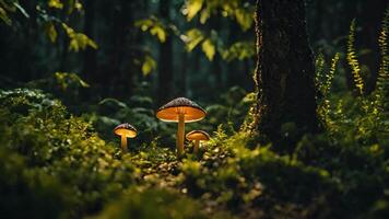 AI generated Enchanted forest grass hosts standout mushrooms, the main subjects in this captivating scene, An enchanted forest in the night, with luminescent plants and mushrooms, AI Generated video