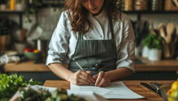 AI generated young woman in apron making notes while cooking in kitchen photo