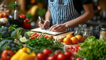 AI generated Woman planning meal with fresh vegetables photo