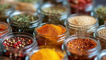 AI generated Spices and herbs in glass jars. Food and cuisine ingredients. photo