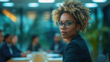 AI generated African American businesswoman in office meeting photo