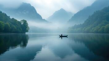 AI generated Foggy morning on the lake in the mountains. Nature composition. photo