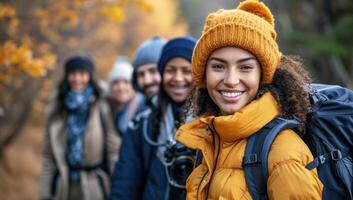 AI generated Group of adults hiking in autumn forest photo