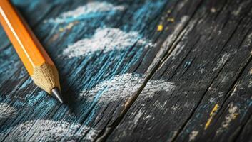 AI generated Sharp pencil on textured wooden table with blue paint strokes photo