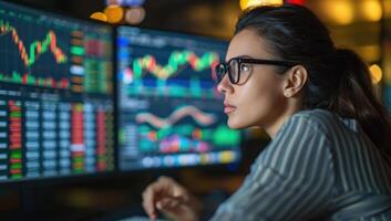 AI generated Asian businesswoman analyzing stock market data on monitors photo