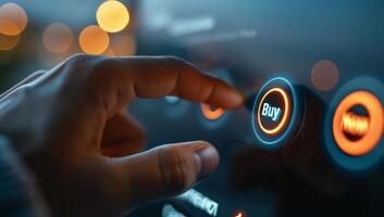 AI generated Man pressing illuminated buy button on car dashboard photo