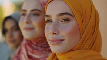 AI generated close up portrait of three muslim girls with headscarf photo