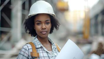 ai generado africano americano mujer ingeniero en casco con Plano en construcción sitio foto