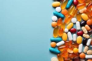 AI generated Assortment of colorful pills and capsules on blue background photo