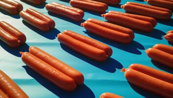 AI generated Uncooked sausages neatly arranged on a vibrant blue background photo