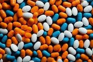 AI generated Colorful pills scattered on a black background photo