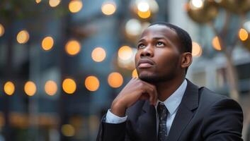 AI generated Thoughtful man in suit looks away hand on chin city lights backdrop photo