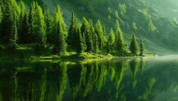ai generado sereno montaña lago en Mañana ligero con brumoso conífero bosque foto