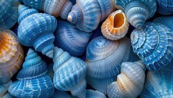 AI generated Blue seashells background. Colorful seashells background. photo