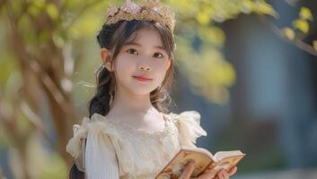 AI generated Portrait of asian little girl reading a book in the park photo