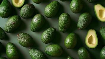 AI generated Avocado pattern on a green background. Top view. Flat lay. photo