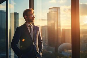 ai generado empresario en traje y lentes a puesta de sol en ciudad oficina foto