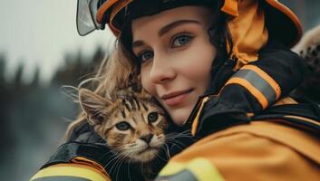 AI generated Beautiful young woman in a yellow jacket with a cat in her arms photo