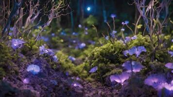 ai generado en un de luna bosque, vibrante azul flores crear un maravilloso visión como el cámara sartenes, capturar su abundancia en el noche, un etéreo bioluminiscente bosque en el lo más hondo de noche video