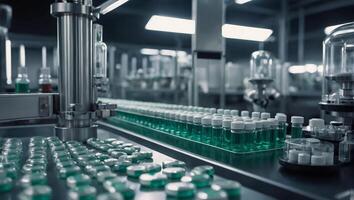 AI generated production line for bottled medicine production photo