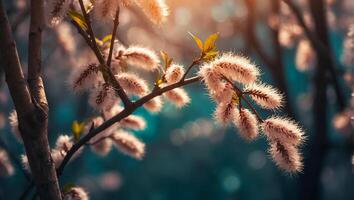 AI generated fluffy willow branch in nature photo