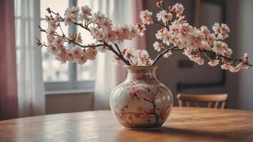 AI generated Beautiful vase with cherry blossoms branch, decoration photo