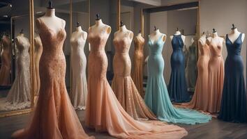 AI generated Beautiful evening dresses in the salon photo