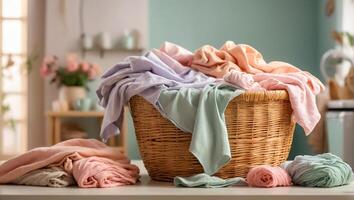 AI generated Basket with colored laundry for washing in laundry room photo