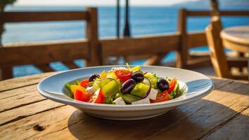 AI generated Delicious Greek salad in a plate outdoors in Greece photo