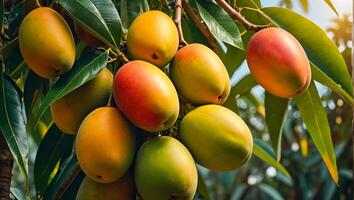 ai generado maduro mangos en un rama en el jardín foto