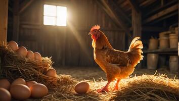 ai generado pollo con huevos en el granero foto