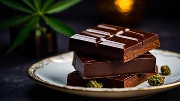 AI generated Delicious chocolate with marijuana leaf on dark background photo