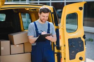 delivery service employee. Portrait of man working in delivery service photo