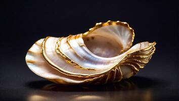 AI generated Gorgeous golden seashell on dark background photo