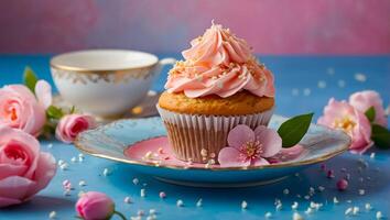 AI generated Beautiful cupcake with cream and flowers photo