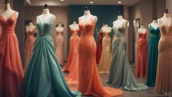 AI generated Beautiful evening dresses in the salon photo