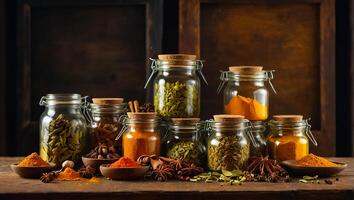 AI generated many different dry spices in glass jars in the kitchen photo