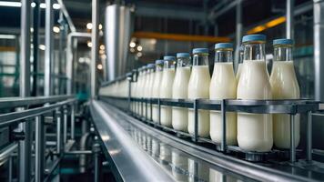 AI generated Conveyor with milk bottles photo