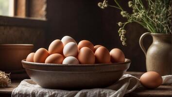 ai generado Fresco huevos en un plato en el cocina foto