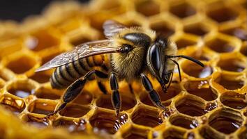 AI generated bee close up on honeycomb photo