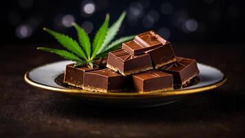 AI generated Delicious chocolate with marijuana leaf on dark background photo