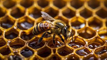 AI generated bee close up on honeycomb photo