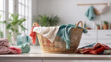 AI generated Basket with colored laundry for washing in laundry room photo