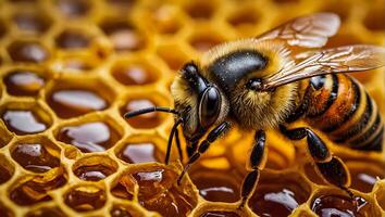 AI generated bee close up on honeycomb photo