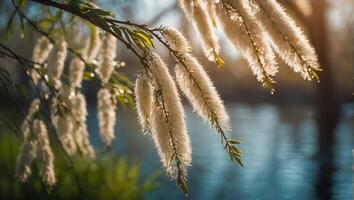 AI generated fluffy willow branch in nature photo