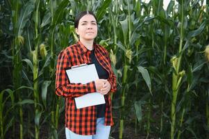 Agronomist farmer woman in corn field. female farm worker analyzing crop development. photo