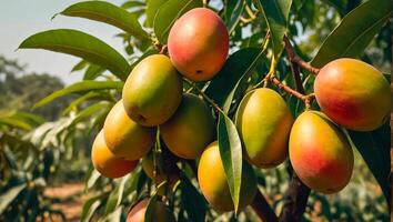 ai generado maduro mangos en un rama en el jardín foto