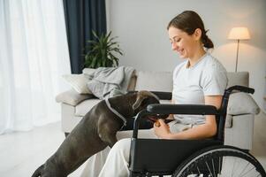 Young woman in wheelchair with service dog at home. photo
