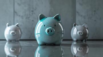 AI generated Piggy bank with blue light on grey background, current inflation design photo